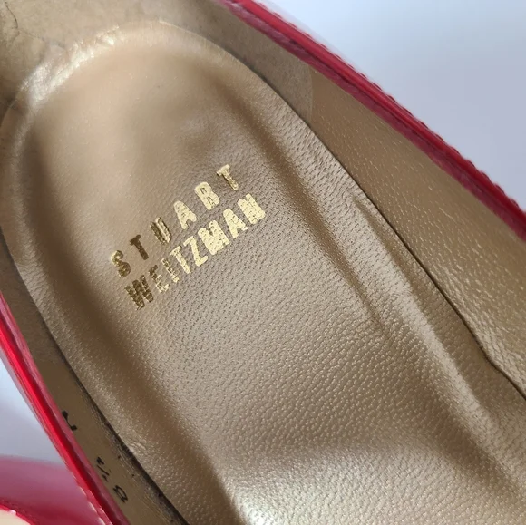 Stuart Weitzman Max Patent Leather Peep Toe Heels in Red Quasar Sz 8½N - Picture 5 of 13